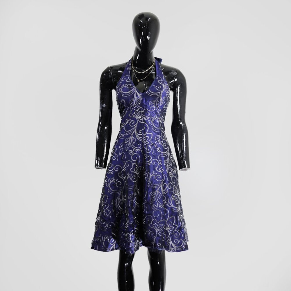 Debut Royal Blue Silver Paisley Print Halter Dress